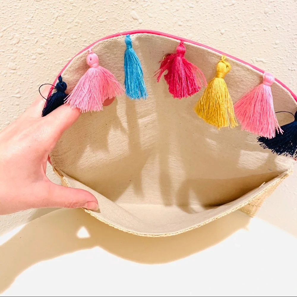 Imoshion Straw Natural Multicolored Tassels Clutch NWT